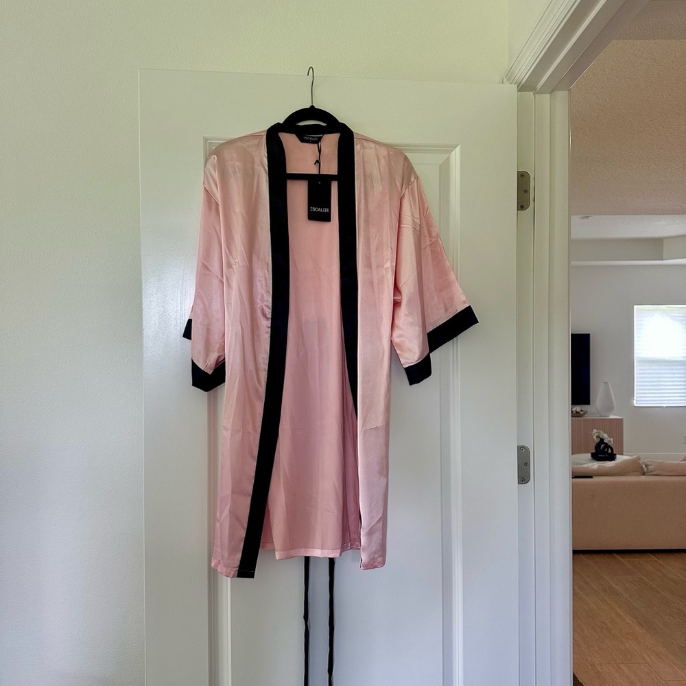 Satin Pink Robe with Black Trim